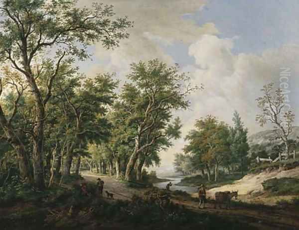 A wooded landscape with travellers conversing by the edge of a forest, another traveller with his mule on a path Oil Painting by Carel Lodewijk Hansen