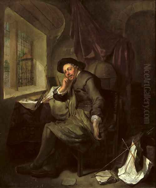 A scholar seated at his writing desk in an interior, books and documents in the foreground Oil Painting by Hendrick Heerschop or Herschop