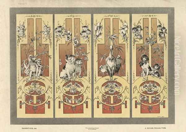 Monkeys cats herons and dogs plate 3 from Fantaisies decoratives Oil Painting by Jules Auguste Habert-Dys