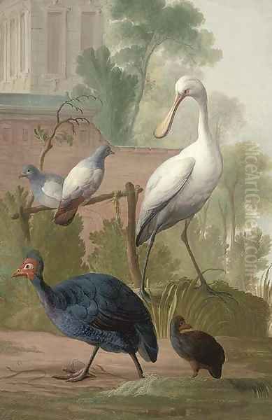 Pigeons, guinea fowl and a spoonbill in a garden, by a walled palace Oil Painting by Gerrit van den Heuvel