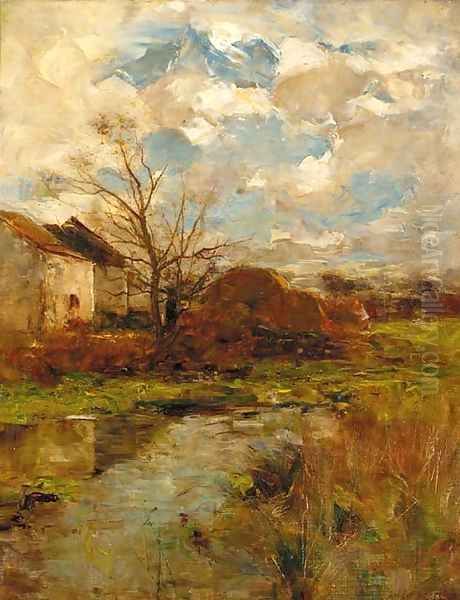 A farm on the bend of a river Oil Painting by Joshua Anderson Hague