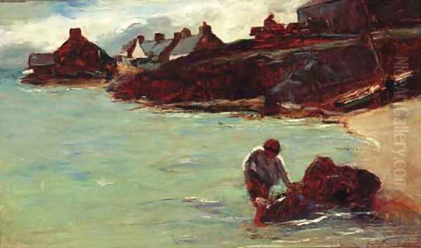 Figures in a cove, a village beyond Oil Painting by Joshua Anderson Hague