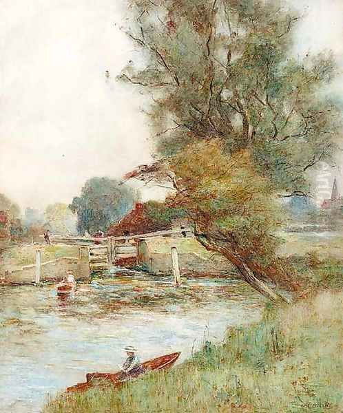 Figures in punts before a loch with a view of Windsor in the distance Oil Painting by Joshua Anderson Hague