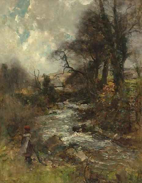 A child by a wooded stream Oil Painting by Joshua Anderson Hague