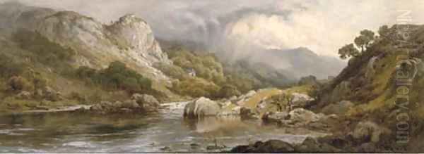 Anglers on a riverbank, said to be on the Conway, North Wales Oil Painting by Edward Henry Holder