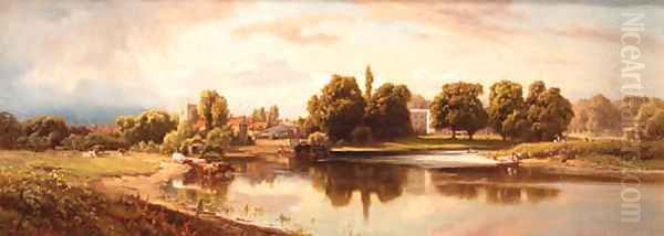 Cattle watering on the Bend of a tranquil River, a Village and Country House beyond Oil Painting by Edward Henry Holder