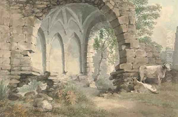 Cattle grazing by Easby Abbey, Yorkshire Oil Painting by Samuel Howitt