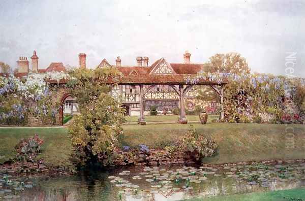 Great Tangley Manor Surrey with the Lily Pond and covered walk Oil Painting by Thomas H. Hunn