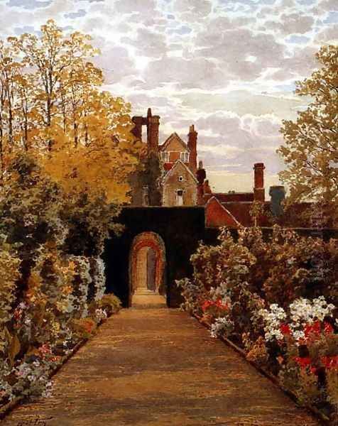 October Morning in the Gardens Loseley Surrey Oil Painting by Thomas H. Hunn