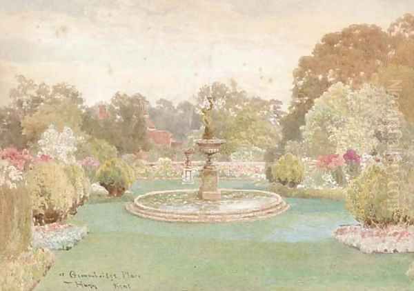 The fountain at Groombridge Place, Kent (illustrated); and The walled garden Oil Painting by Thomas H. Hunn