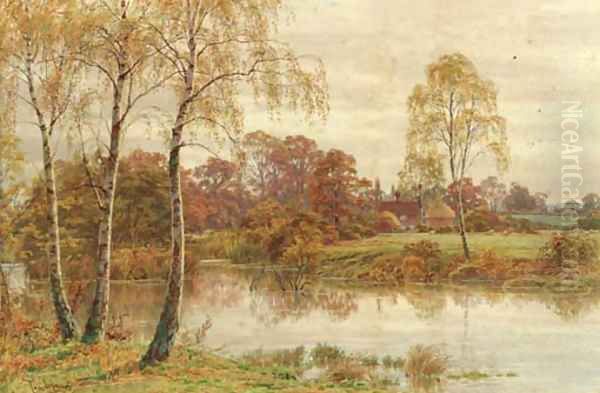 Silver birch trees beside a river with a cottage in the distance Oil Painting by Thomas H. Hunn