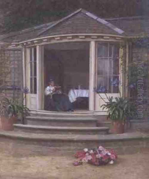 Lady Reading over Tea in a Conservatory Oil Painting by Jessica Hayllar