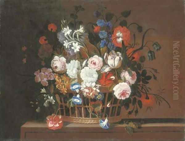 Roses, tulips, morning glory, carnations, delphinium, primrose, narcissi and other flowers in a basket on a stone ledge Oil Painting by Pieter Hardime