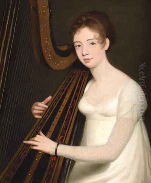 Portrait of a Young Woman playing the Harp Oil Painting by Robert Home