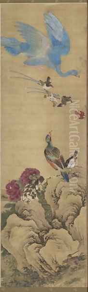 Birds and Flowers Qing Dynasty Oil Painting by Wu Huan