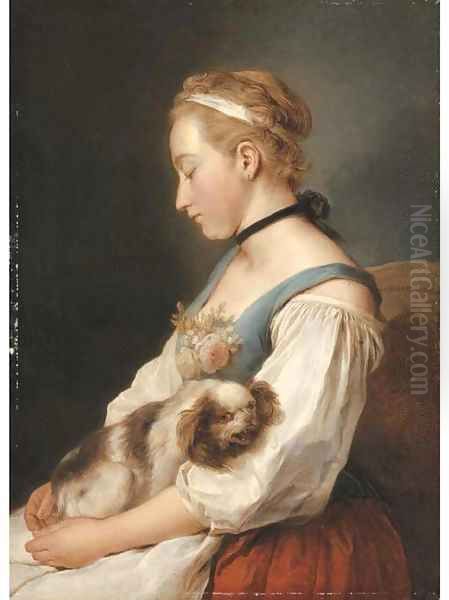 Portrait of a young woman, half-length, holding a spaniel Oil Painting by Charles-Francois Hutin