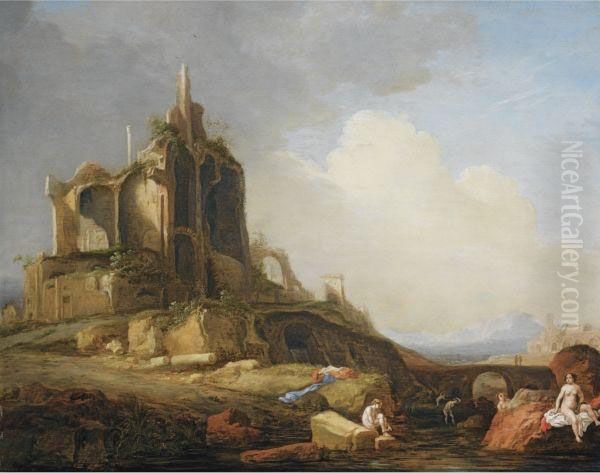 A Southern Landscape With Figures Bathing Near Classicalruins Oil Painting by Bartholomeus Breenbergh