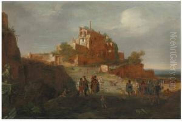 An Italianate Landscape With Soldiers And Ruins On A Hilltopbeyond Oil Painting by Bartholomeus Breenbergh