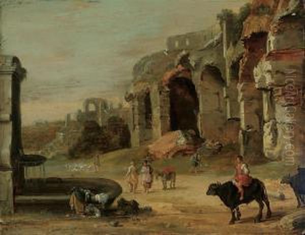 An Italianate Landscape With A Woman Washing Clothes In A Fountain Oil Painting by Bartholomeus Breenbergh