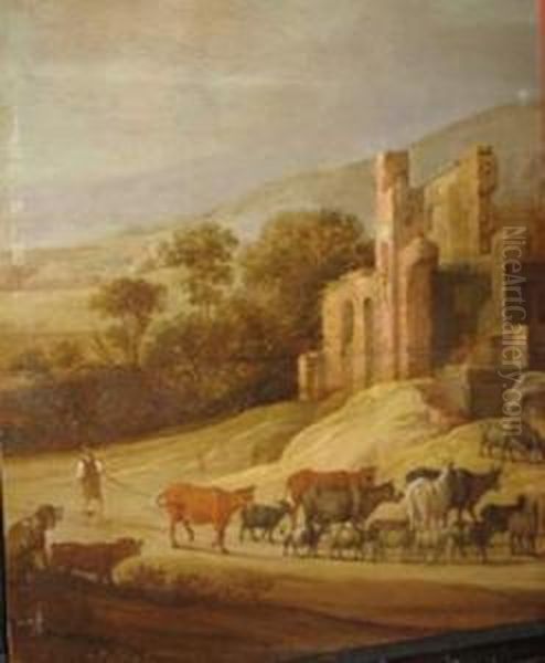 Herdsmen Near An Ancient Fortress Oil Painting by Bartholomeus Breenbergh