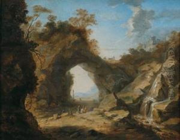 Paesaggio Montano Con Due Cacciatori Che Attraversano Un Arco Di Roccia Oil Painting by Bartholomeus Breenbergh