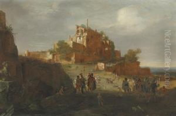 An Italianate Landscape With Soldiers And Ruins On A Hilltop Beyond Oil Painting by Bartholomeus Breenbergh