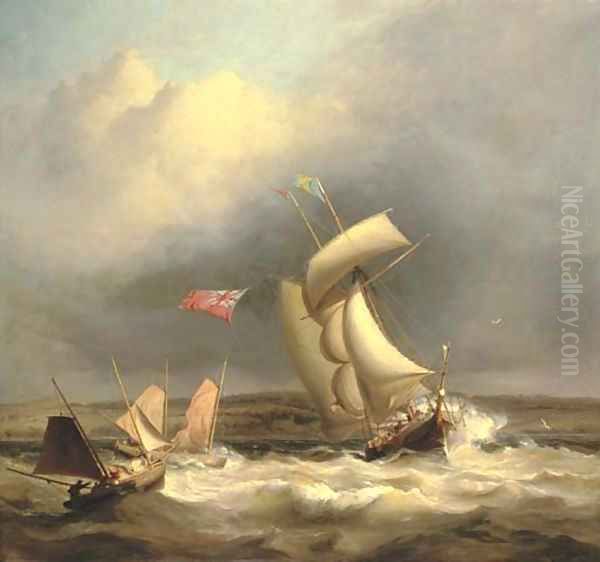 A topsail schooner and two Swansea luggers caught in a sudden squall off the South Wales coast Oil Painting by James Harris of Swansea