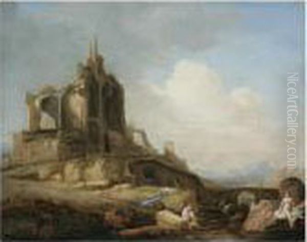 An Italianate Landscape With Nymphs Bathing In The Foregroundand Classical Ruins Beyond Oil Painting by Bartholomeus Breenbergh