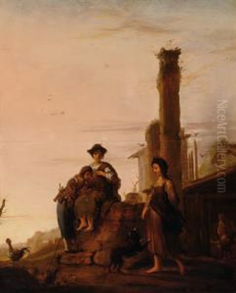 Figures In A Landschape Withclassicist Ruins Oil Painting by Bartholomeus Breenbergh