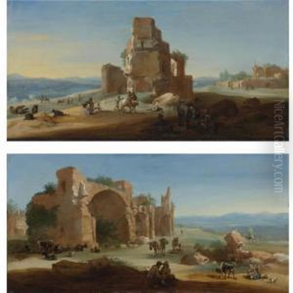 An Extensive Pastoral Landscape With Figures Resting Beneath Ancient Ruins Oil Painting by Bartholomeus Breenbergh