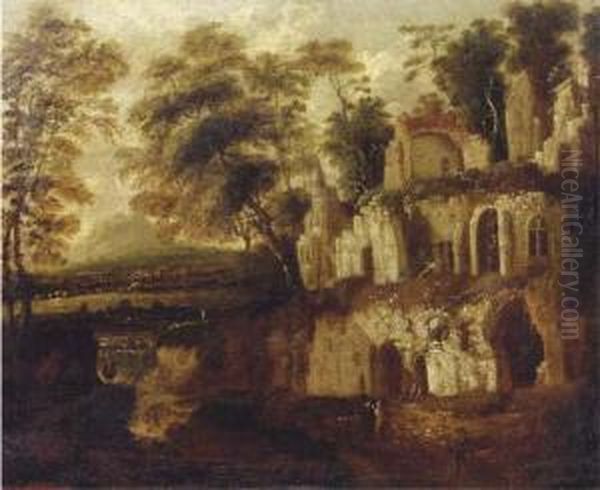 An Italianate Landscape With 
Figures Resting Near An Overgrown Ruin, A River And Town In The Distance Oil Painting by Bartholomeus Breenbergh