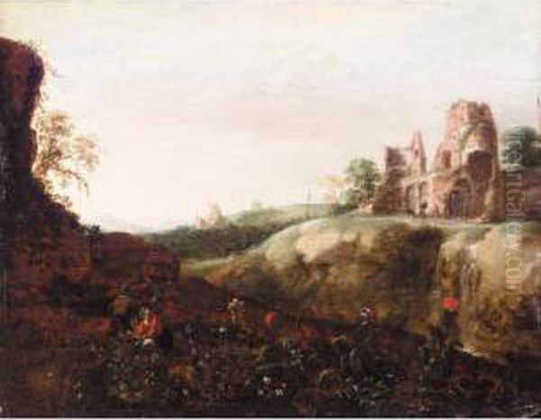 Italianate Landscape With Peasants Picking Flowers, With Some Ruins Beyond Oil Painting by Bartholomeus Breenbergh