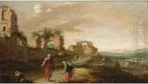 Elijah And The Widow Of Zarephath In A Classical Landscape (i Kings 17: 8-24) Oil Painting by Bartholomeus Breenbergh