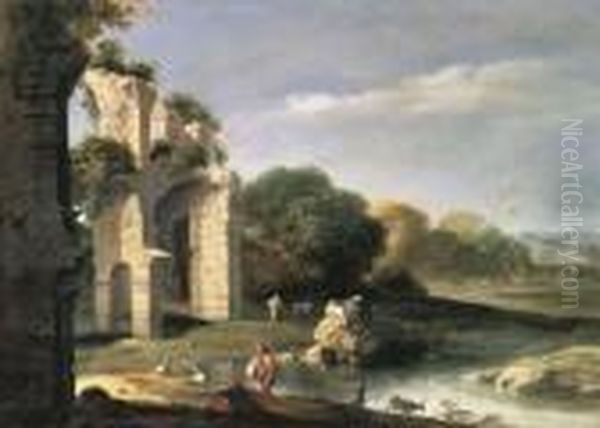 Figures In A Landscape With Classical Ruins Oil Painting by Bartholomeus Breenbergh