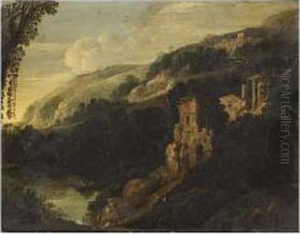 An Italianate Mountainous Landscape With A Washerwoman In The Foregroud Near A Stream Oil Painting by Bartholomeus Breenbergh