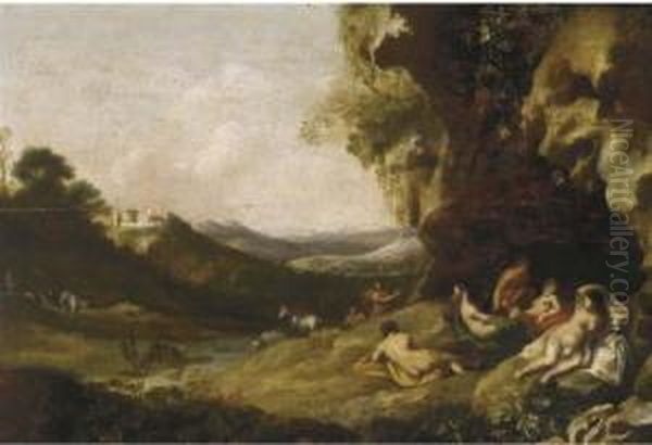 A Classical Landscape With Nymphs And Satyrs In A Grotto Oil Painting by Bartholomeus Breenbergh