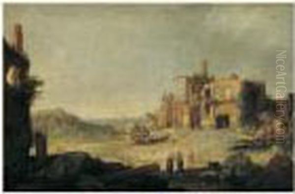 Paysage De Ruines Antiques Animees De Personnages Pres D'une Fontaine Au Lion Oil Painting by Bartholomeus Breenbergh