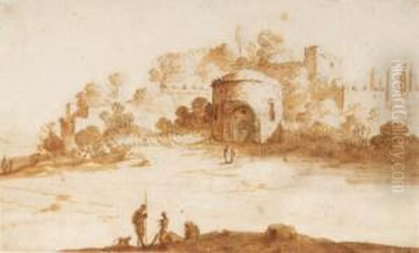 Figures Outside A Roman City Oil Painting by Bartholomeus Breenbergh