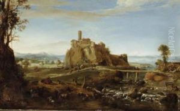 An Italianate Landscape With The
 Town Of Acquapendente, Near Rome,and Shepherds And Washerwomen By The 
Banks Of A River Oil Painting by Bartholomeus Breenbergh