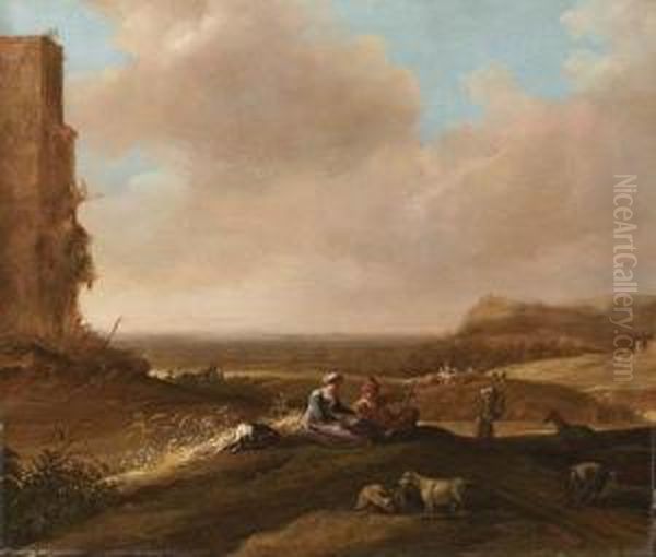 A Shepherd And Shepherdess With A
 Dog And Sheep In An Extensivelandscape, Travellers On A Road And A 
Bridge Beyond Oil Painting by Bartholomeus Breenbergh