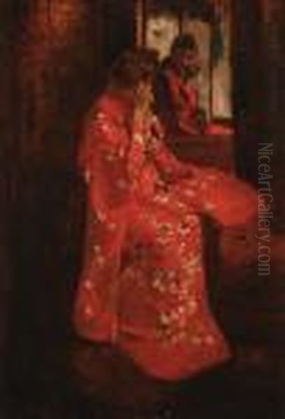 Girl In Red Kimono In Front Of Amirror Oil Painting by George Hendrik Breitner