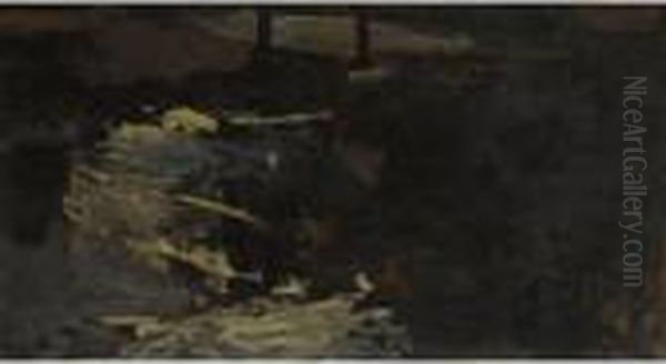 Moored Boats In An Amsterdam Canal Oil Painting by George Hendrik Breitner