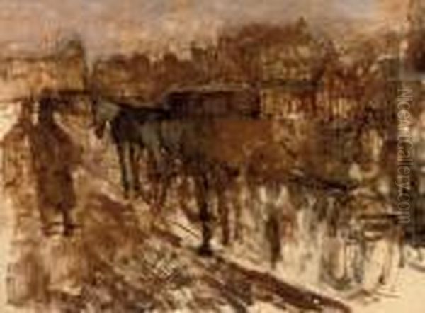 A Horse-drawn Cart On The Rokin, Amsterdam Oil Painting by George Hendrik Breitner