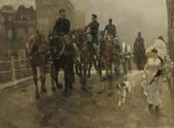 Horse Artillery On A Bridge With An Elegant Lady Oil Painting by George Hendrik Breitner