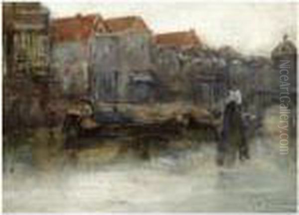 A View Of The Wijnhaven With The Groothoofdspoort In The Distance, Dordrecht Oil Painting by George Hendrik Breitner