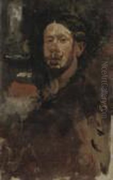 Self-portrait With Red Background Oil Painting by George Hendrik Breitner