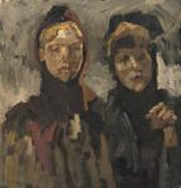 Two Girls In The Snow Oil Painting by George Hendrik Breitner