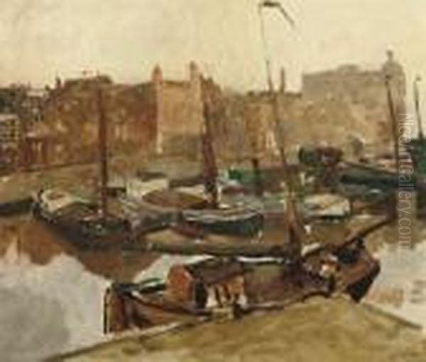 Damrak: Moored Boats On The Damrak With The Victoria Hotel In The Distance, Amsterdam Oil Painting by George Hendrik Breitner