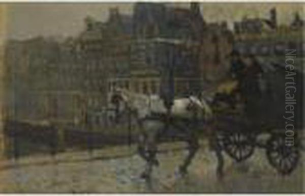 A Horse-drawn Cart On The Eenhoornsluis Crossing The Korte Prinsengracht, Amsterdam Oil Painting by George Hendrik Breitner