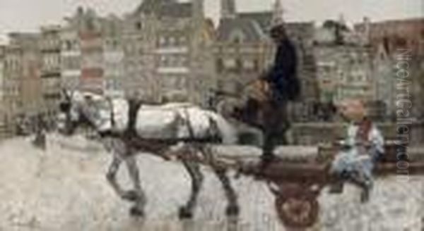 Vrachtwagen, Rokin: A Horsedrawn Cart On The Rokin, Amsterdam Oil Painting by George Hendrik Breitner